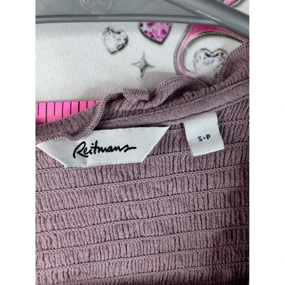 Reitmans long sleeve smocked flowy purple pink Mauve Button-Front Gauze Blouse - Picture 7 of 10